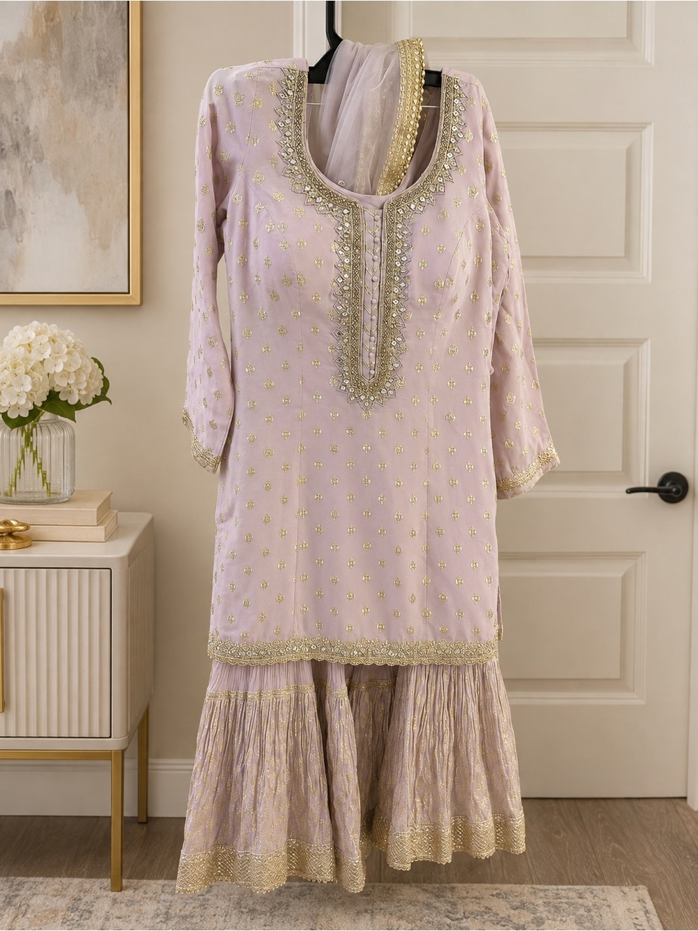 Embroidered Lavender Gold Traditional Sharara Shalwar Kameez Suit